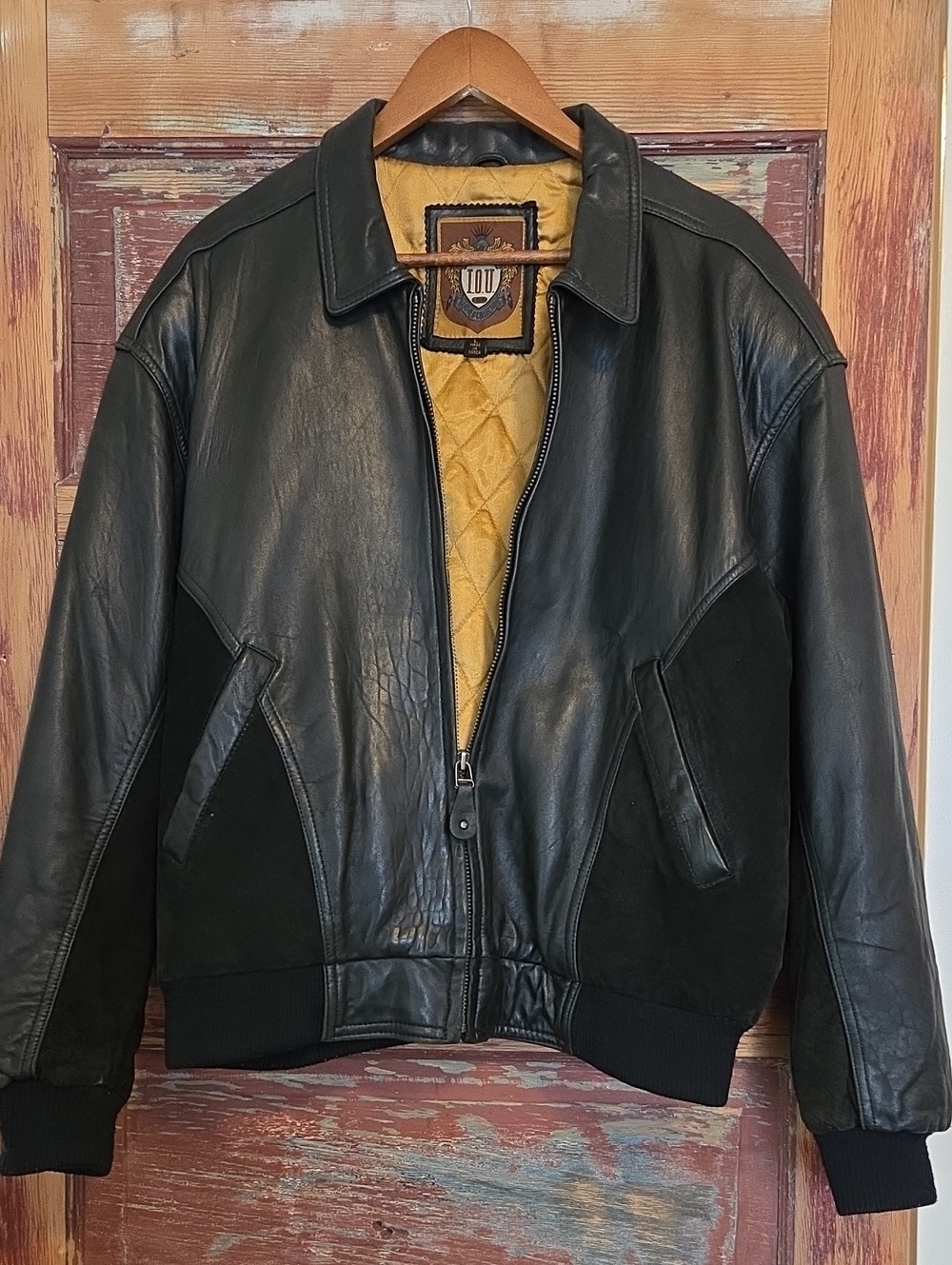 Vintage Grunge Black Leather & Suade Bomber Jacket with Goldenrod Satin Lining